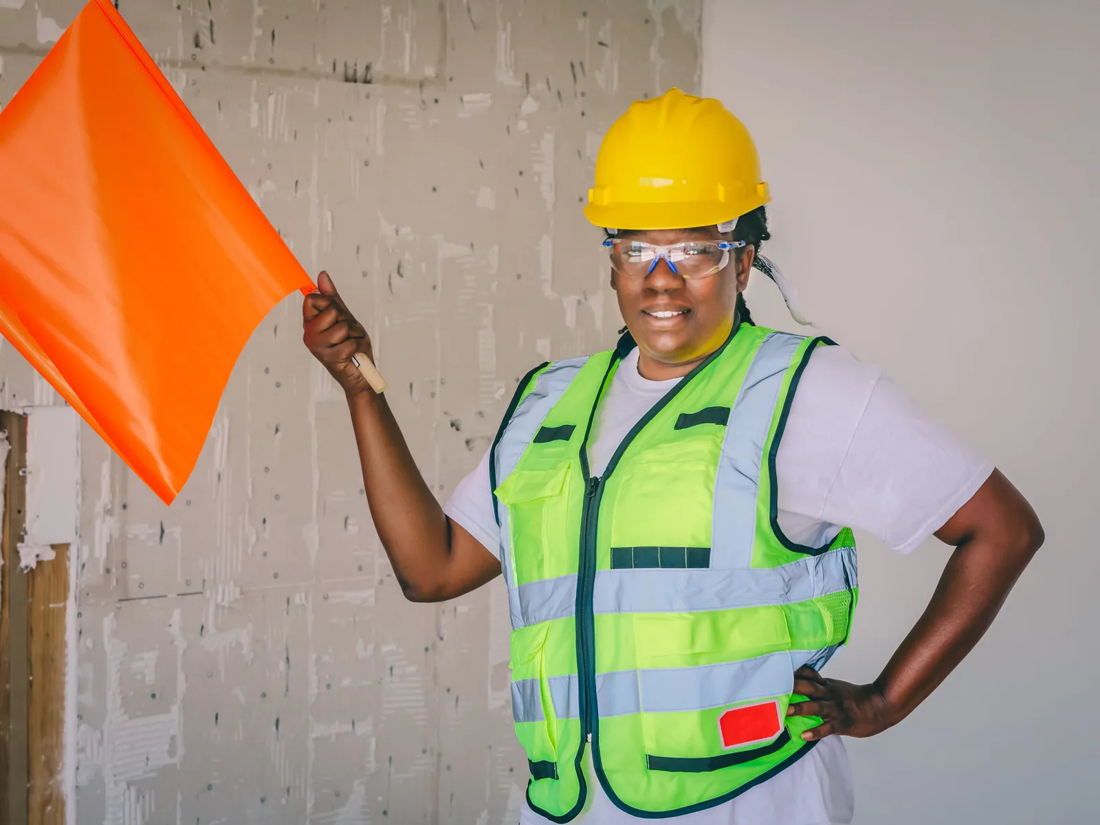 A black female construction worker holds a flag, wearing safety gear, hardhat and vest. How to be the portable restroom rental business people recommend