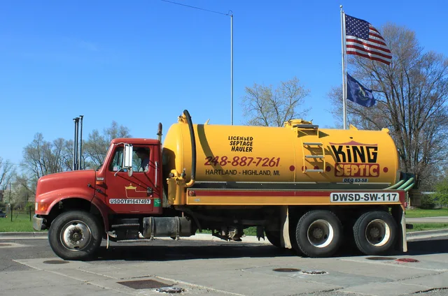 Septage pump truck, Sunoco service station, 1575 Milford Road, Highland, Michigan. A septage pump truck hauls septic waste for disposal. Where your pump truck can legally dump septage in California and the Northeast
