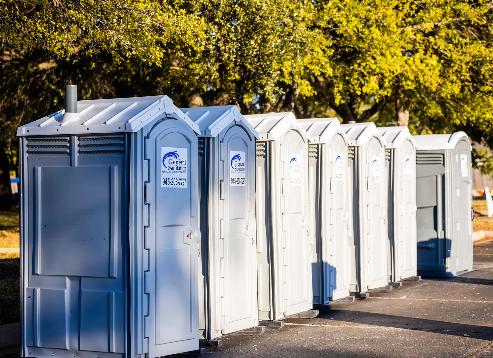 Multiple portable toilets aligned outdoors under trees, creating a sanitation solution. Reviewing portable restroom rental profit margin: strengths, gaps and a verdict